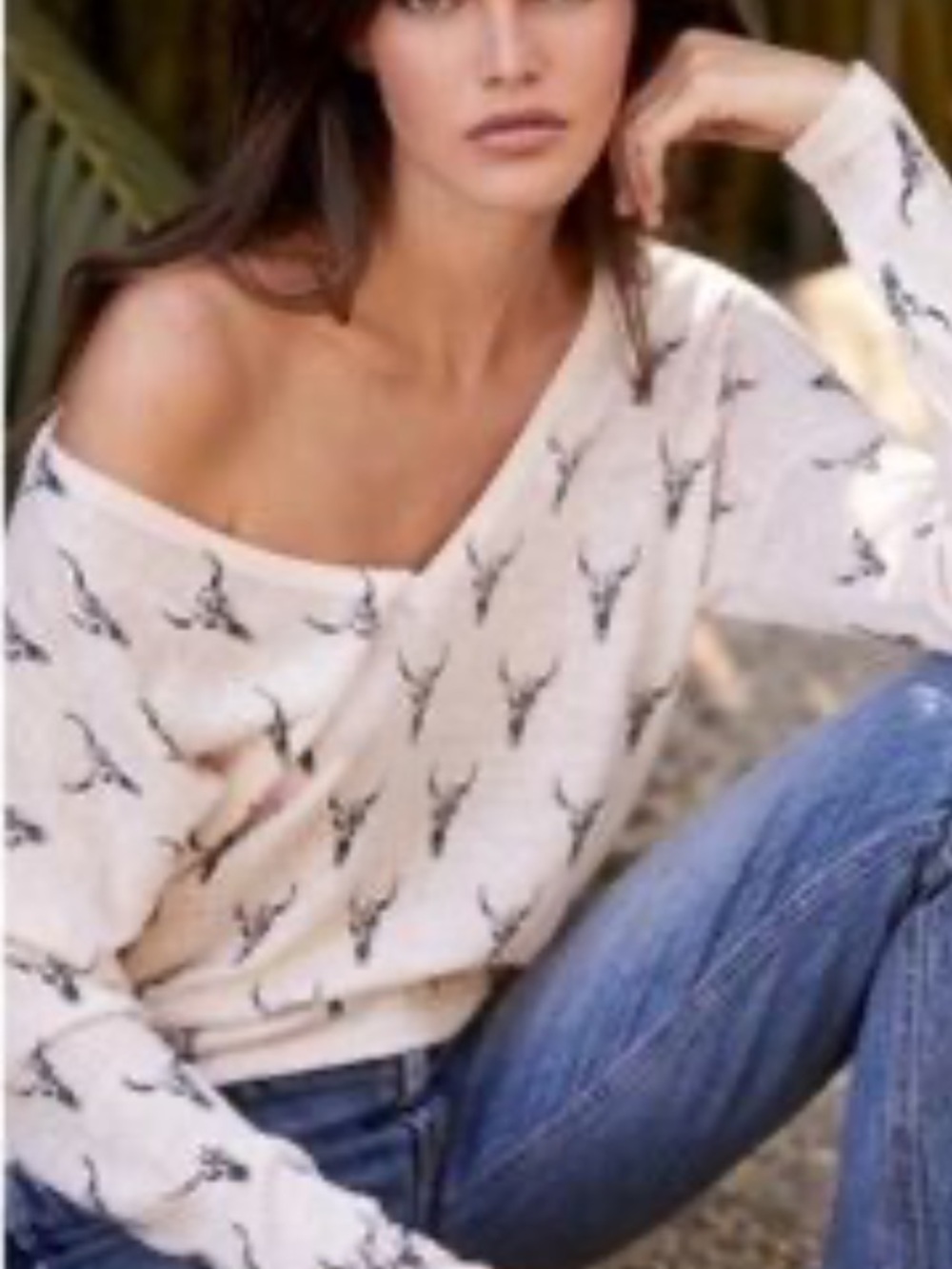 SKULL CASHMERE Longhorn Bull Skull Print Pink V-neck Relaxed Sweater 100% Linen